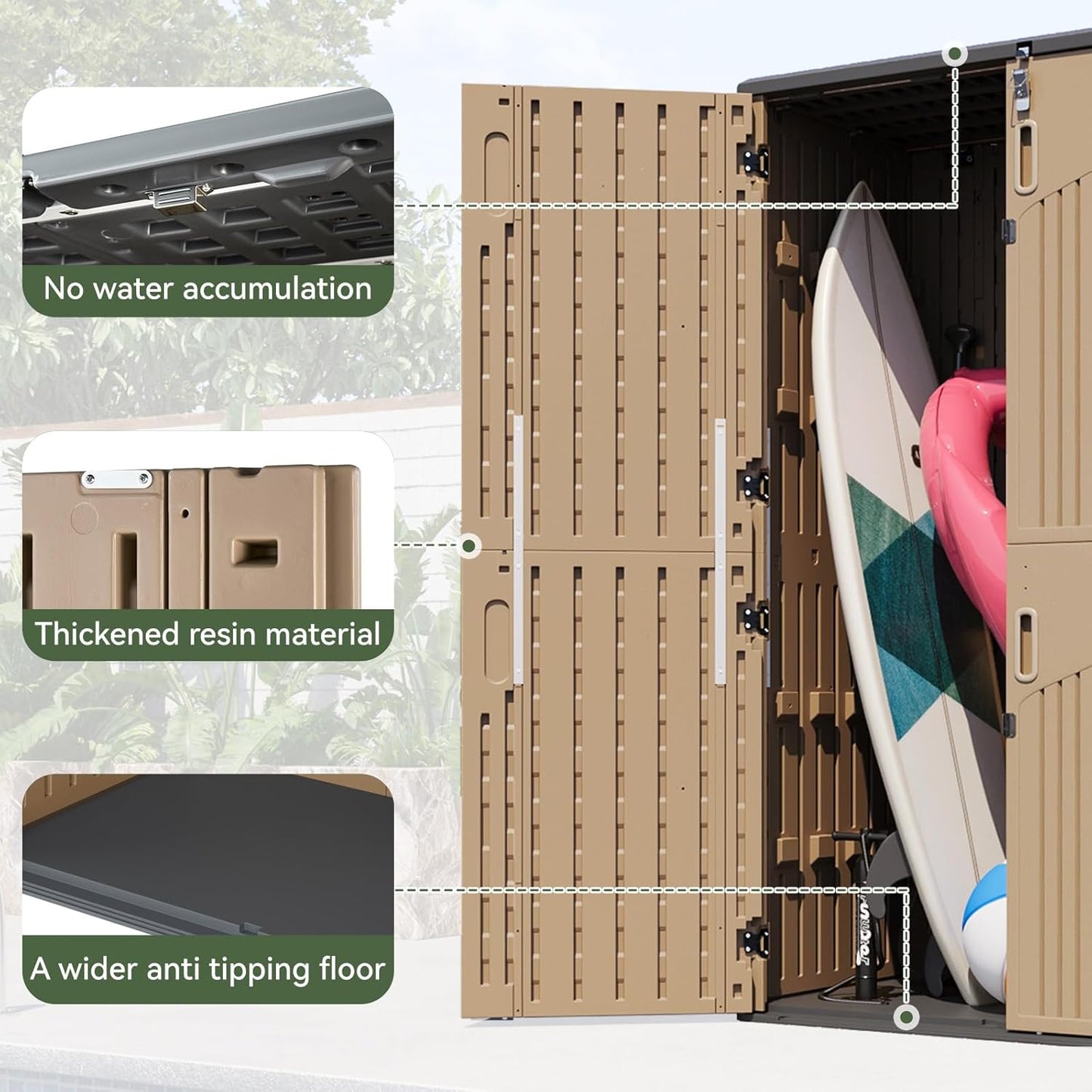 Aoxun Outdoor Storage Shed with Metal Shelving Kit & Floor, 64 Cu.Ft Large Outdoor Storage Cabinet, Waterproof Vertical Resin Shed for Garden Tools, Pool Equipment, Brown