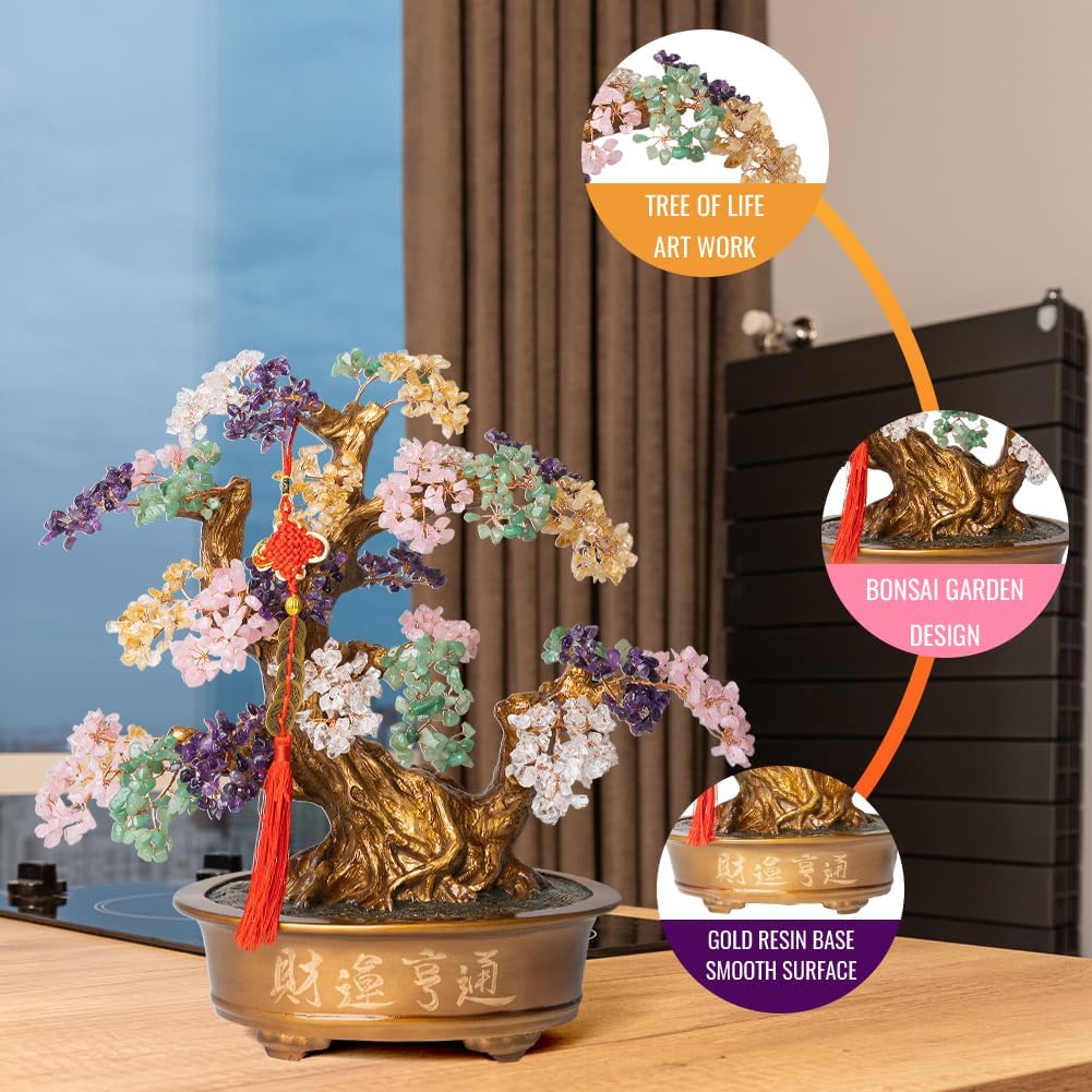 Natural Chakra Gemstone Crystal Bonsai Tree of Life（1,350 Gemstone Count） Large Feng Shui Money Tree for Luck and Wealth Desk Decoration 20 Inches
