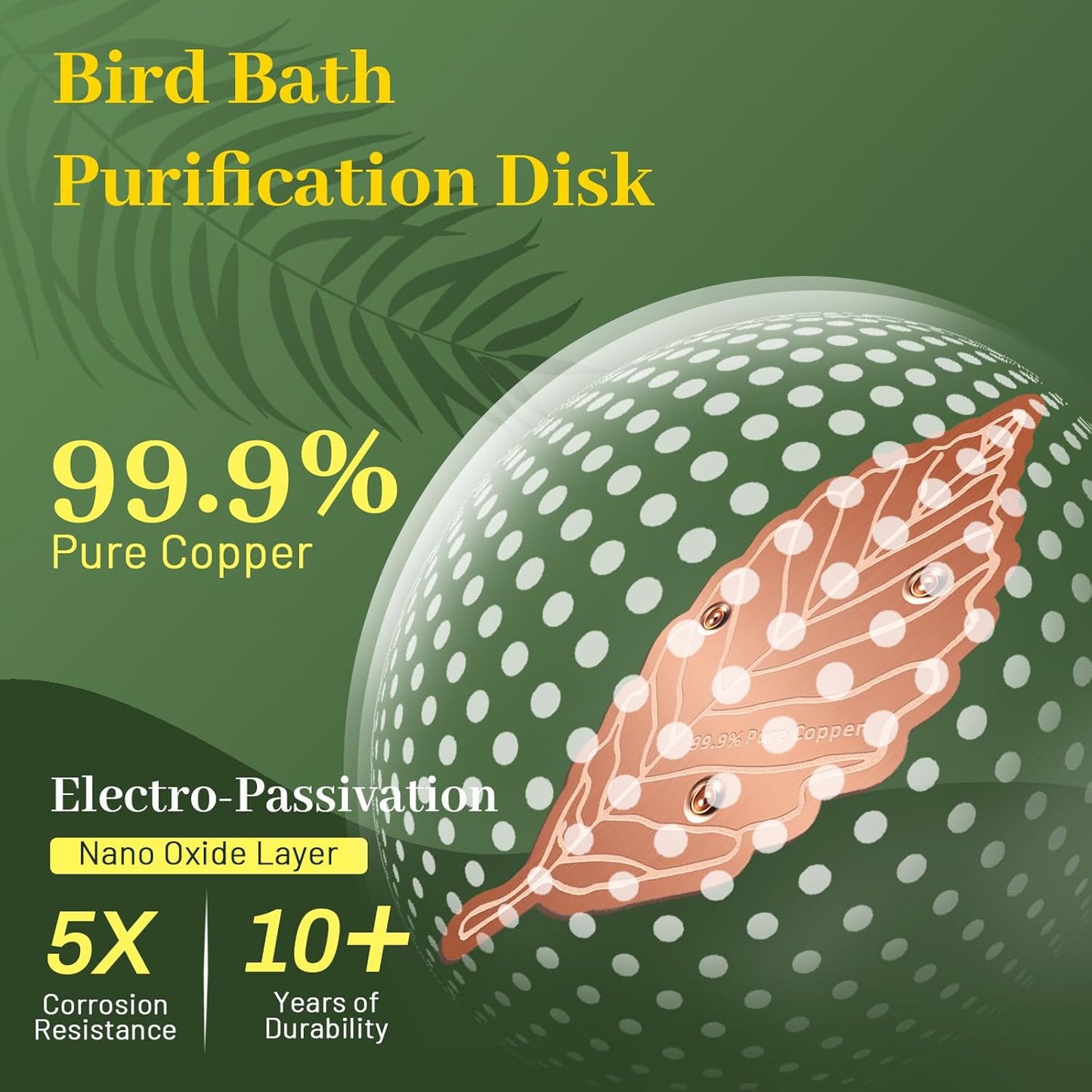 Bird Bath Copper Disk,Bird Bath Purification Disk 0.6mm Reinforced 99.99% Pure Copper Cleaning Disk with 3-Point Support,Fits Outdoor Birdbath & Bowl,Provide Safe Clean Water,Leaf-2Pcs