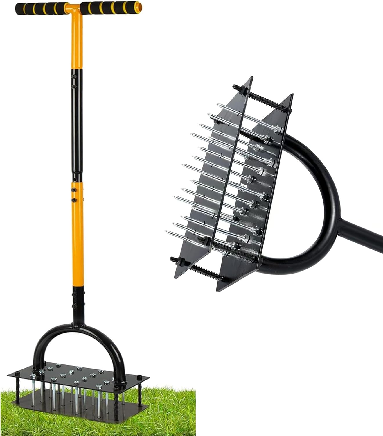 Lawn Aerator Tool, Lawn with 15 Iron Spikes, Automatic Leaf and Dirt Cleaning with Spring-Loaded Design, Metal Manual Aerator for Loosening Soil Aerating Patio, Yard, Garden Black