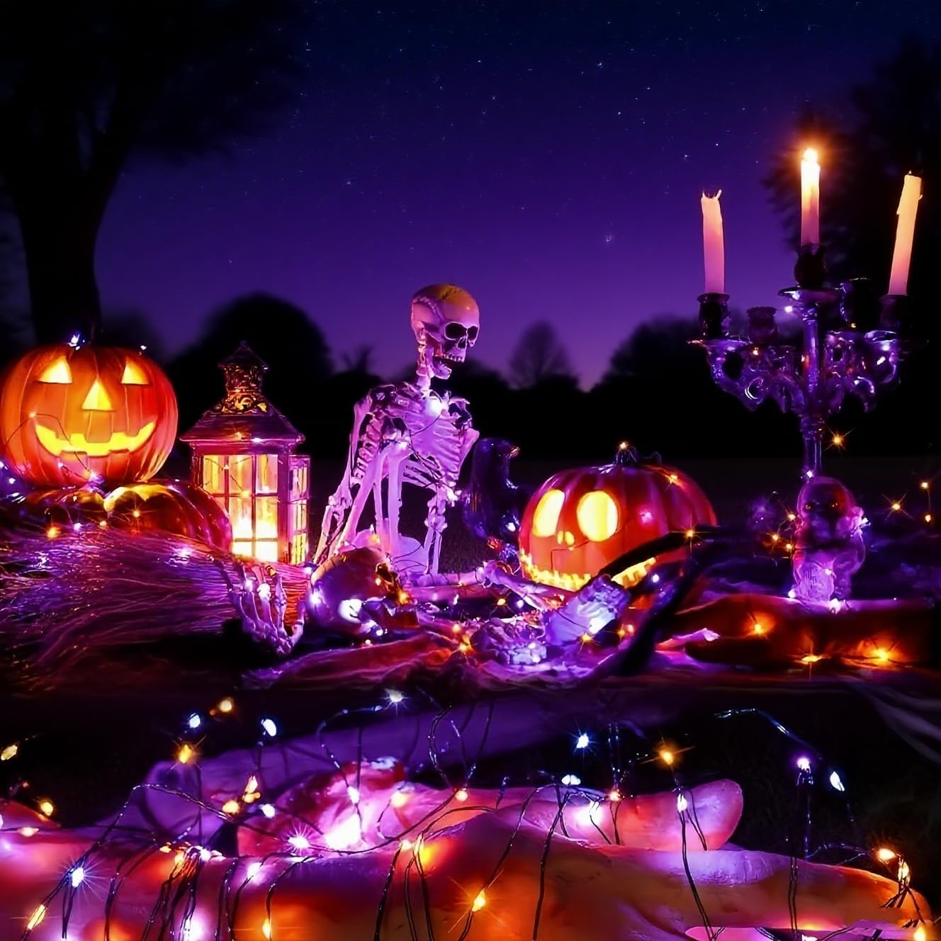 YEGUO Orange and Purple Halloween Lights Outdoor Waterproof, 4 Packs Each 33ft 100 LED Solar Fairy Light,8 Modes Black Wire String Lights