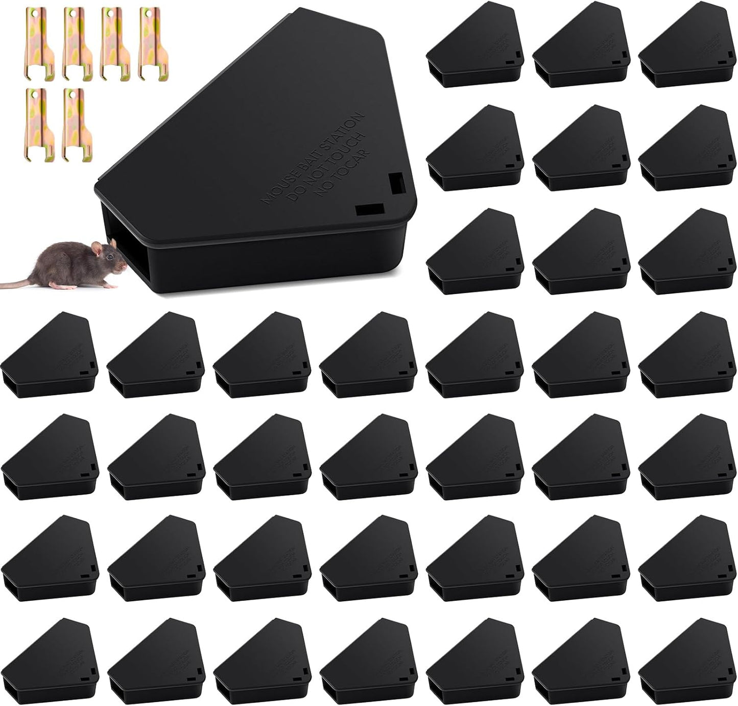 Qualirey 48 Pcs Mice Station with Key Triangle Bait Station Reusable Rodent Trap Bait Box, Keeps Children and Pets Safe Indoor & Outdoor, Bait Not Included, Suitable for Small Mice (Black)