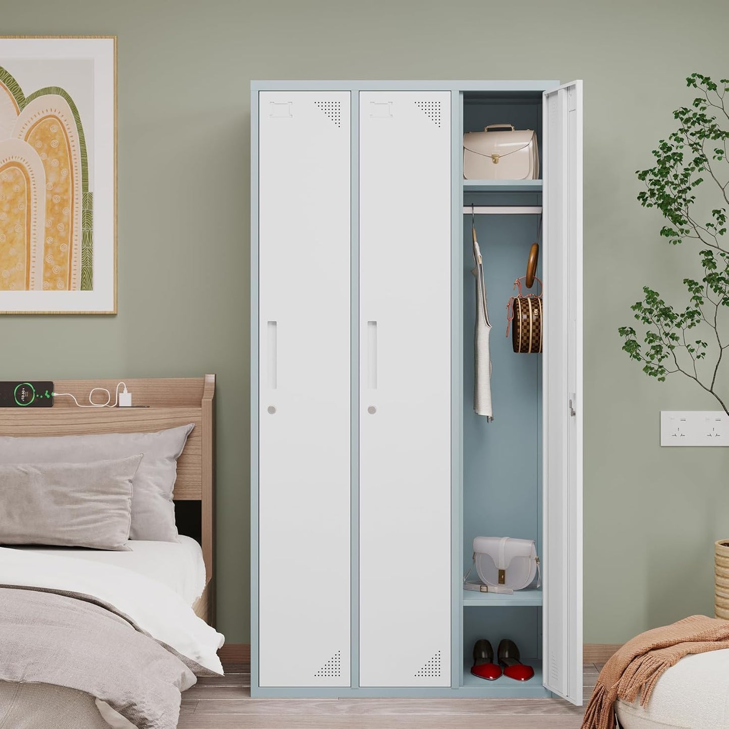 Metal Locker with 3 Doors Employees Locker, Metal Storage Locker with Hooks, 71" Storage Cabinet Lockers for Employees, Home, Office, Gym Requires Assembly (Grey White)