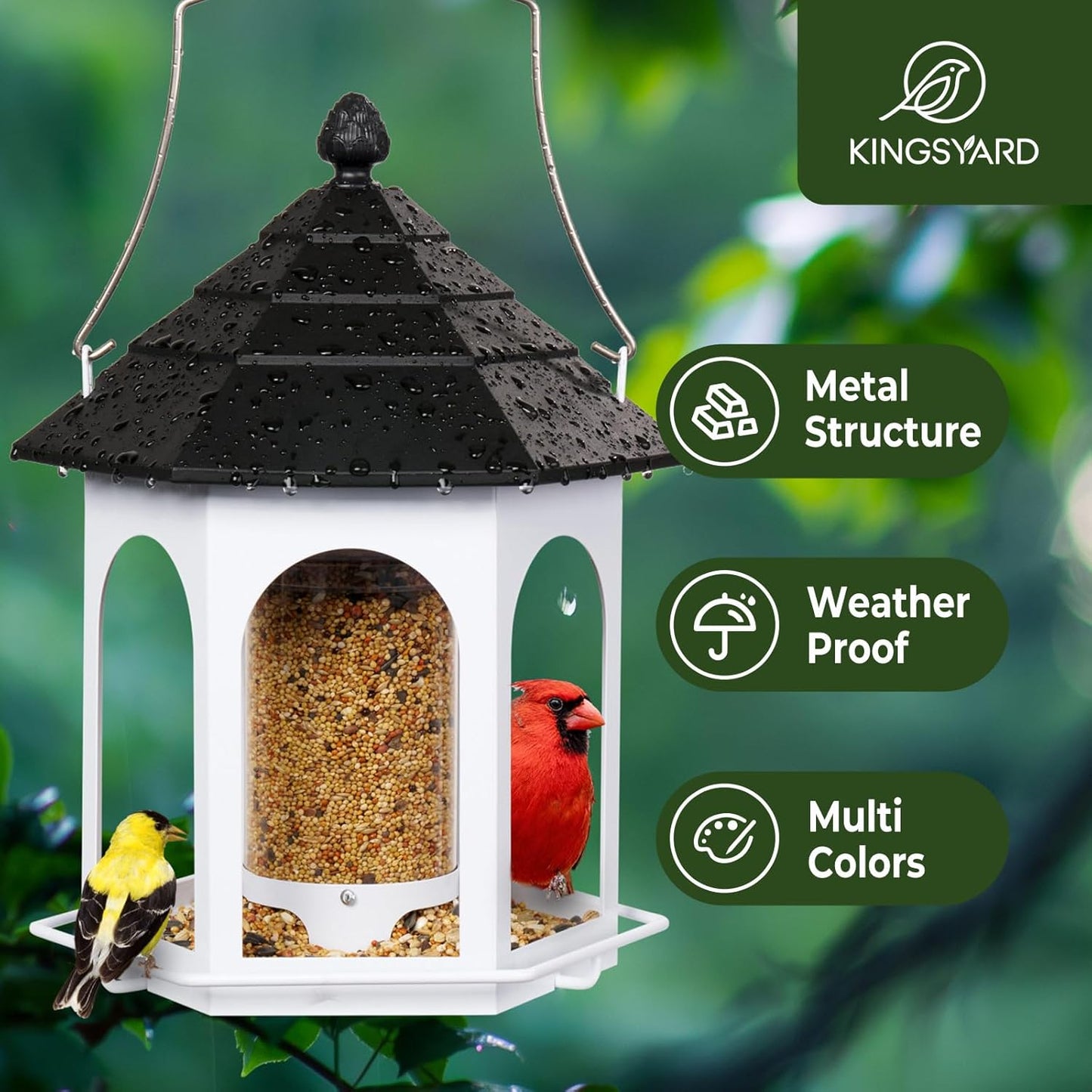 Kingsyard Metal Bird Feeder for Outdoors Hanging, 3 lbs Seed Feeder, Wild Bird Feeders for Garden Cardinal Finch Bluebird, Easy to Fill & Clean, White