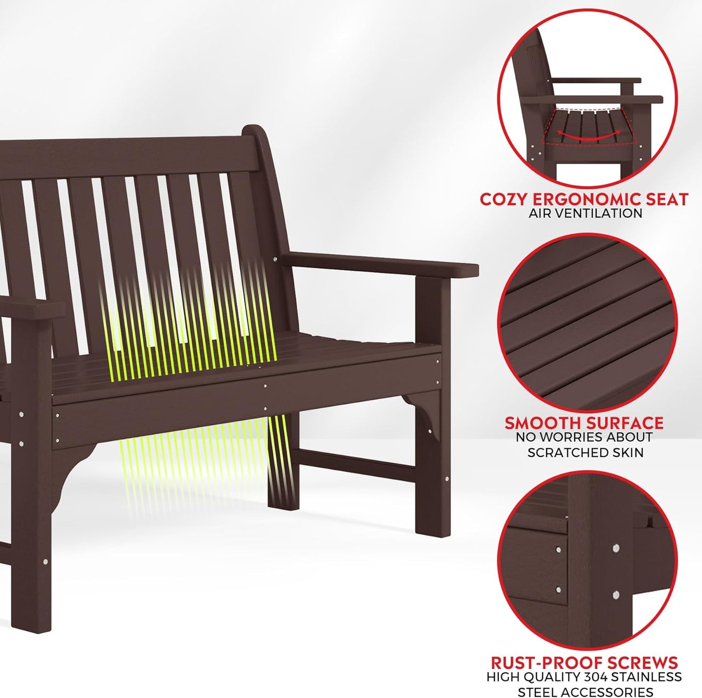 Garden Bench, Farmhouse Park Front Porch for Entryway Bench Outdoor Seating Low Bench Patio Bench Outside/Indoor, Dark Brown