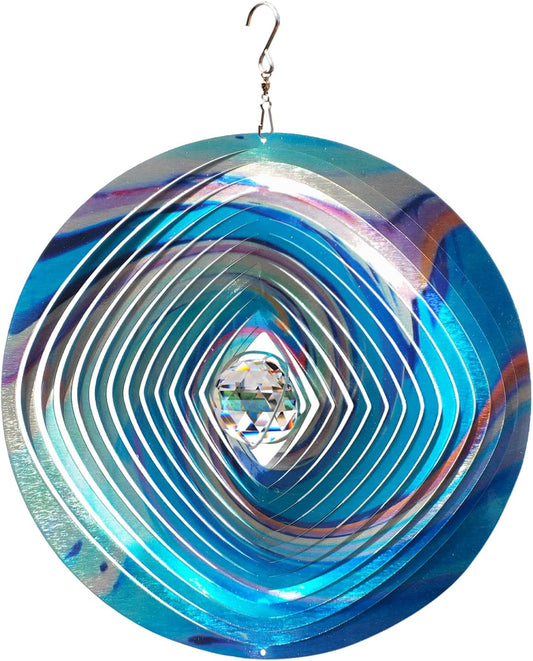FONMY Mandala Wind Spinner w/Crystal Ball 3D Stainless Steel Hanging Wind Spinner Worth Gift Christmas Decoration Indoor/Outdoor Garden Décor Kinetic Yard Art 12 Inches Multi Blue Wind Sculpture