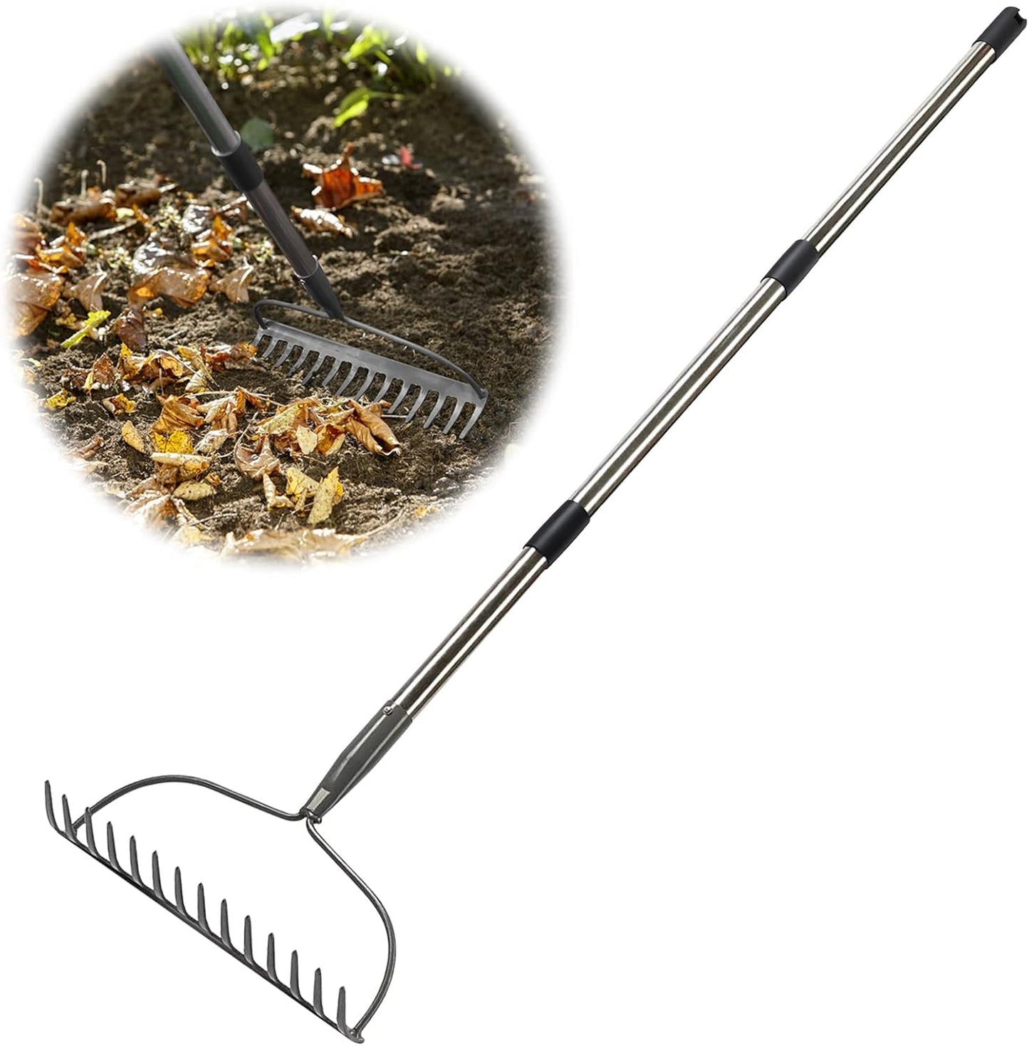 Rake for Leaves, Garden Bow Rake Heavy Duty, 48 in Leaf Rakes for Lawns, Yard Gardening Tools with Back-Saving Handle, 14 Metal Tines Head for Loosen Soil, Clear Gravel Grass Rock, Level Mulch