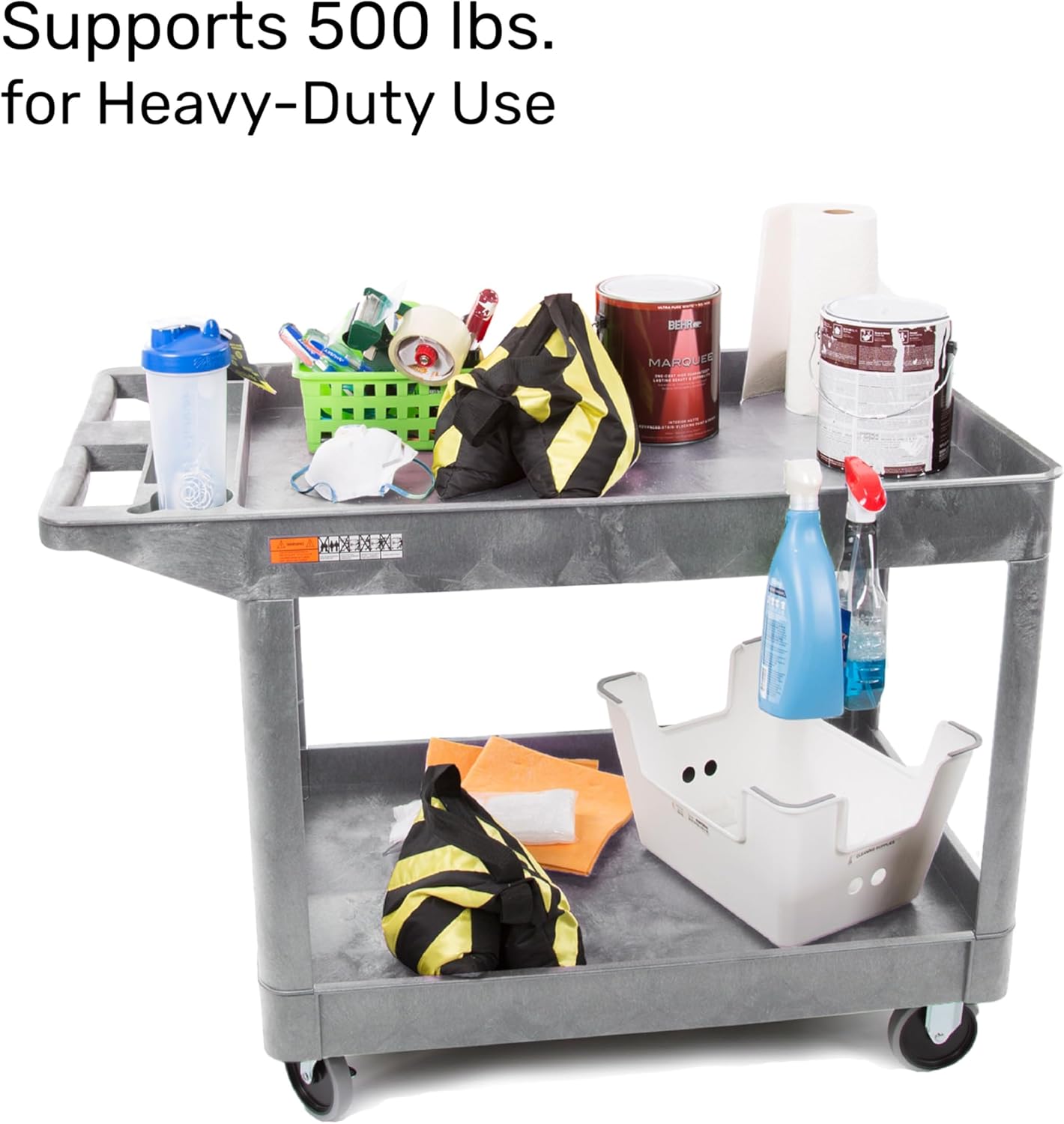 Tubstr Extra Large Two-Shelf Utility Cart with Wheels | 500 lb. Capacity Rolling Utility & Tool Cart for Warehouses, Industrial Settings, Auto Garages, & More (Gray, 45.5 x 24.5)