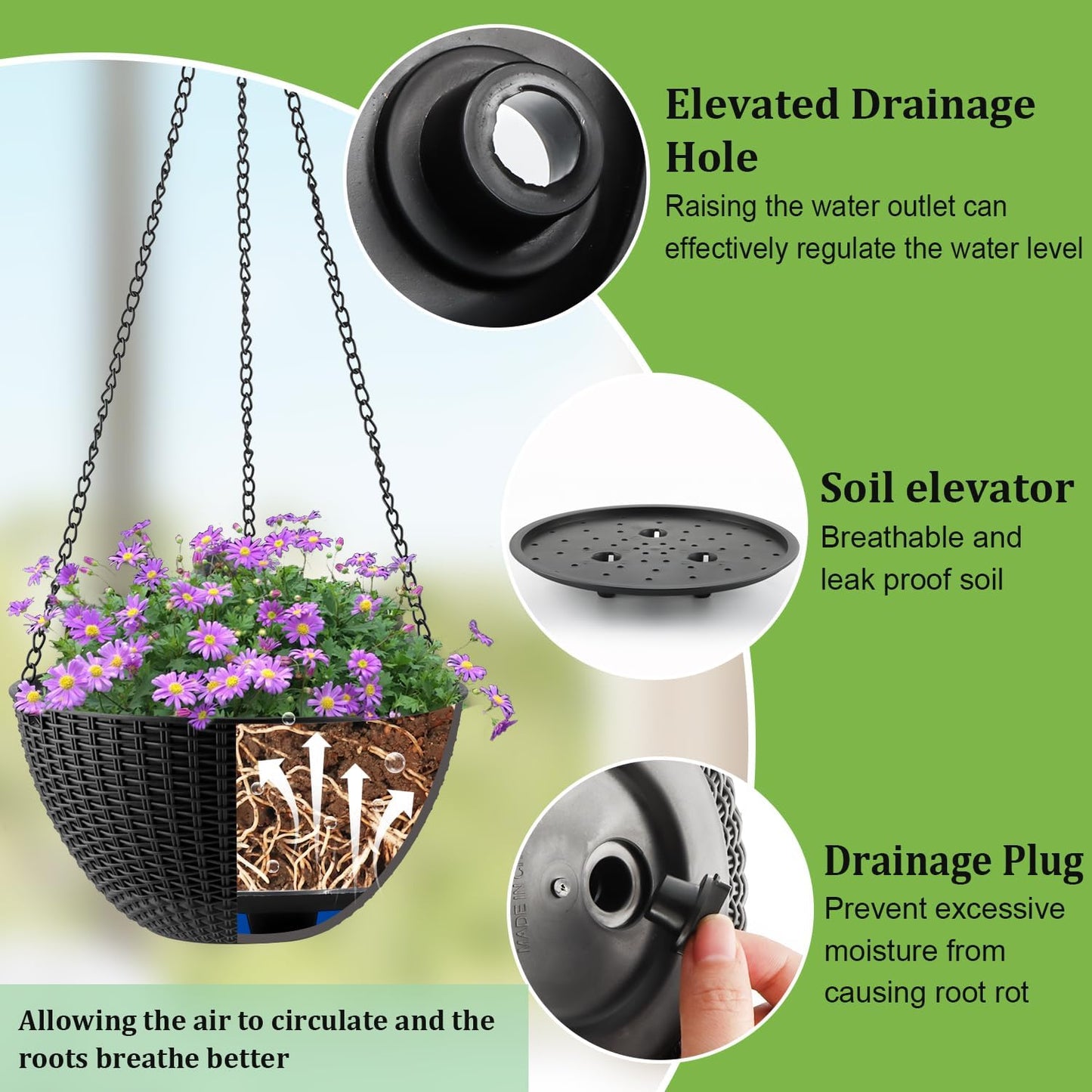 Hanging Planters for Indoor Outdoor Plants 8 and 10 Inch, 4 Packs Plant Hanger with Drainage Holes, Hanging Basket Flower Pot Perfect for Home, Office and Garden, Black