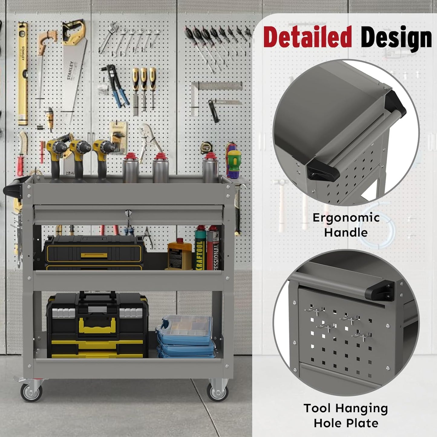 3 Tier Rolling Cart, Heavy Duty Utility Industrial Service Carts on Wheels, Metal Tool Cart with Locked Drawers, Ideal for Garage, Warehouse and Repair Shop（Grey）