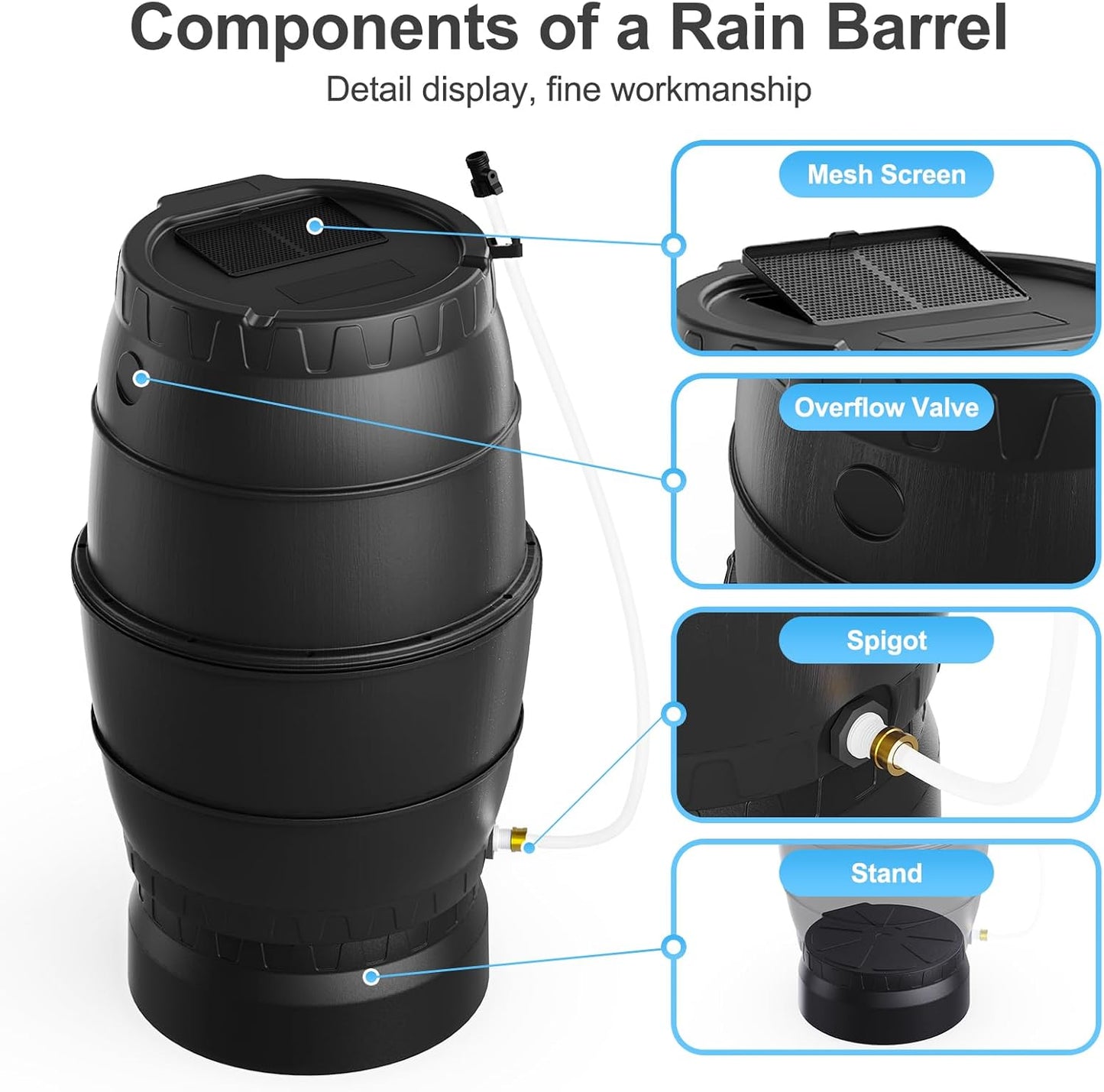 EJWOX Rain Barrel with Stand to Collect Rainwater from Gutter, Heavy Duty BPA Free Rain Water Collection Barrel with Spigot and Filter (45 Gallon, Black)