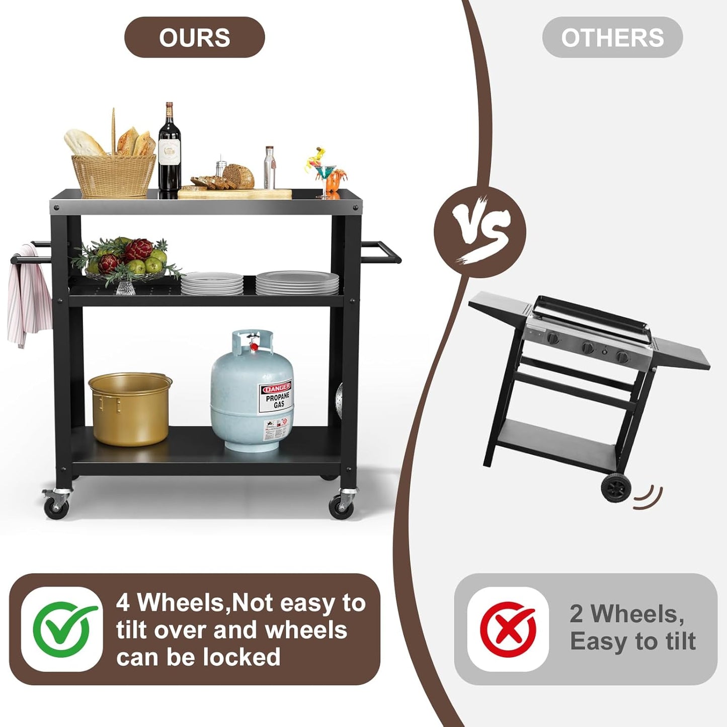 Outdoor Grill Cart with Three-Shelf, Stainless Steel Pizza Oven Table for Outside, Dining Kitchen Cart with Two Side Handle, Garden Patio BBQ Kitchen Food Prep Table Cart (Black)