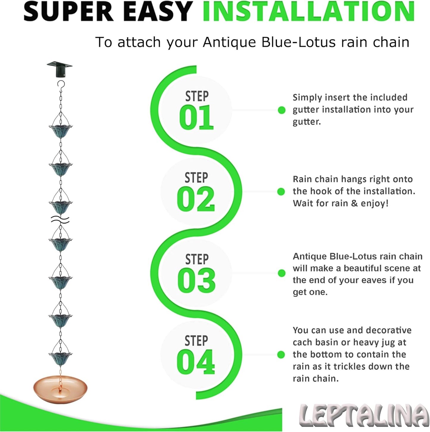 8.5FT Lotus Antique Blue Color Iron Rain Chains for Gutter and Rain Barrel, Rust-Resistant Plated Garden Décor Rain Chain for Downspout, Bonus Rain Chain Gutter Adapter