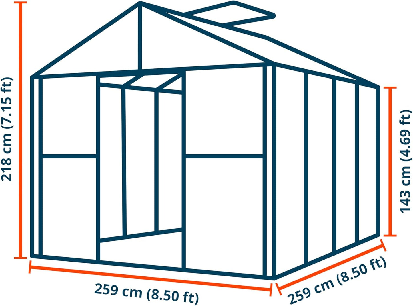 Greenhouse Saphir 4 Aluminum Frame 8.5 x 8.5 ft Approx. 8 mm Polycarbonate Panels - with Bonus Base Frame and Automatic Vent Opener