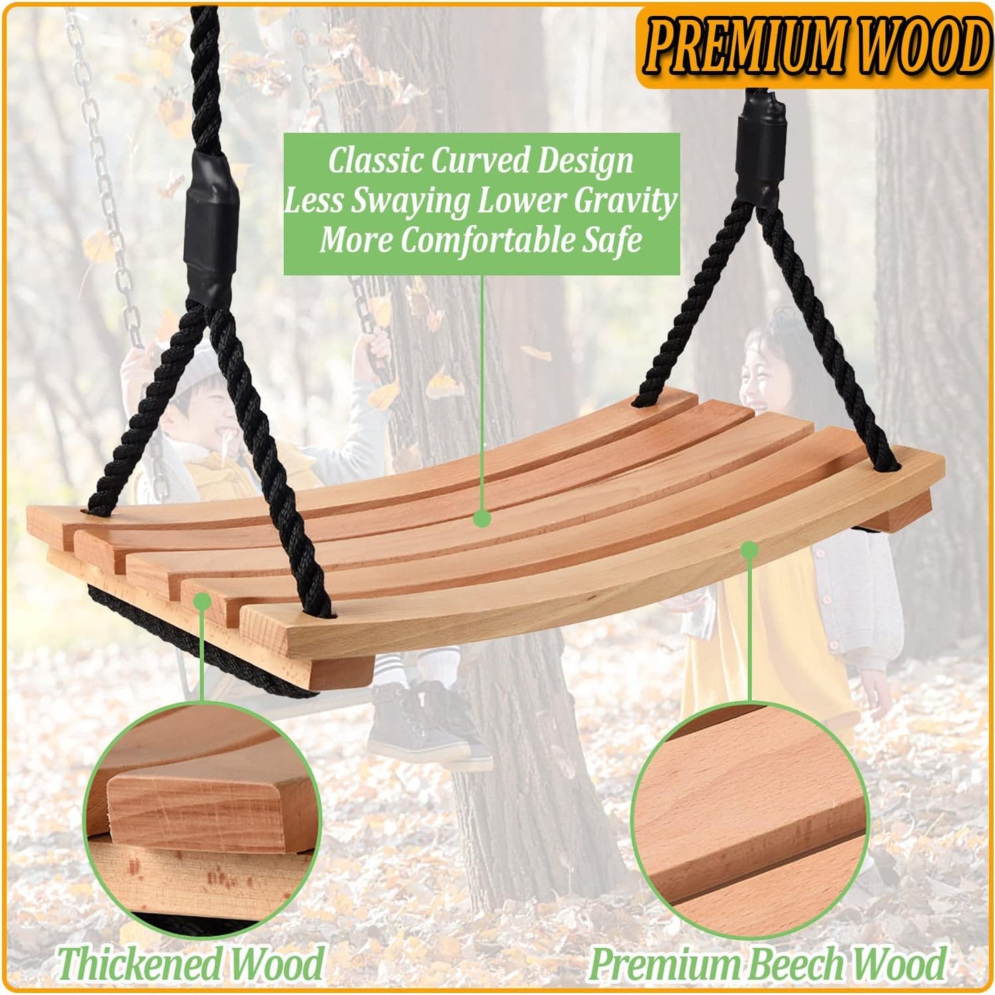 Taeku Adult Tree Swing, Hanging Beech Wood Swings with Adjustable Rope Garden Chair Seat Swing for Indoor Outdoor (24''x10'')