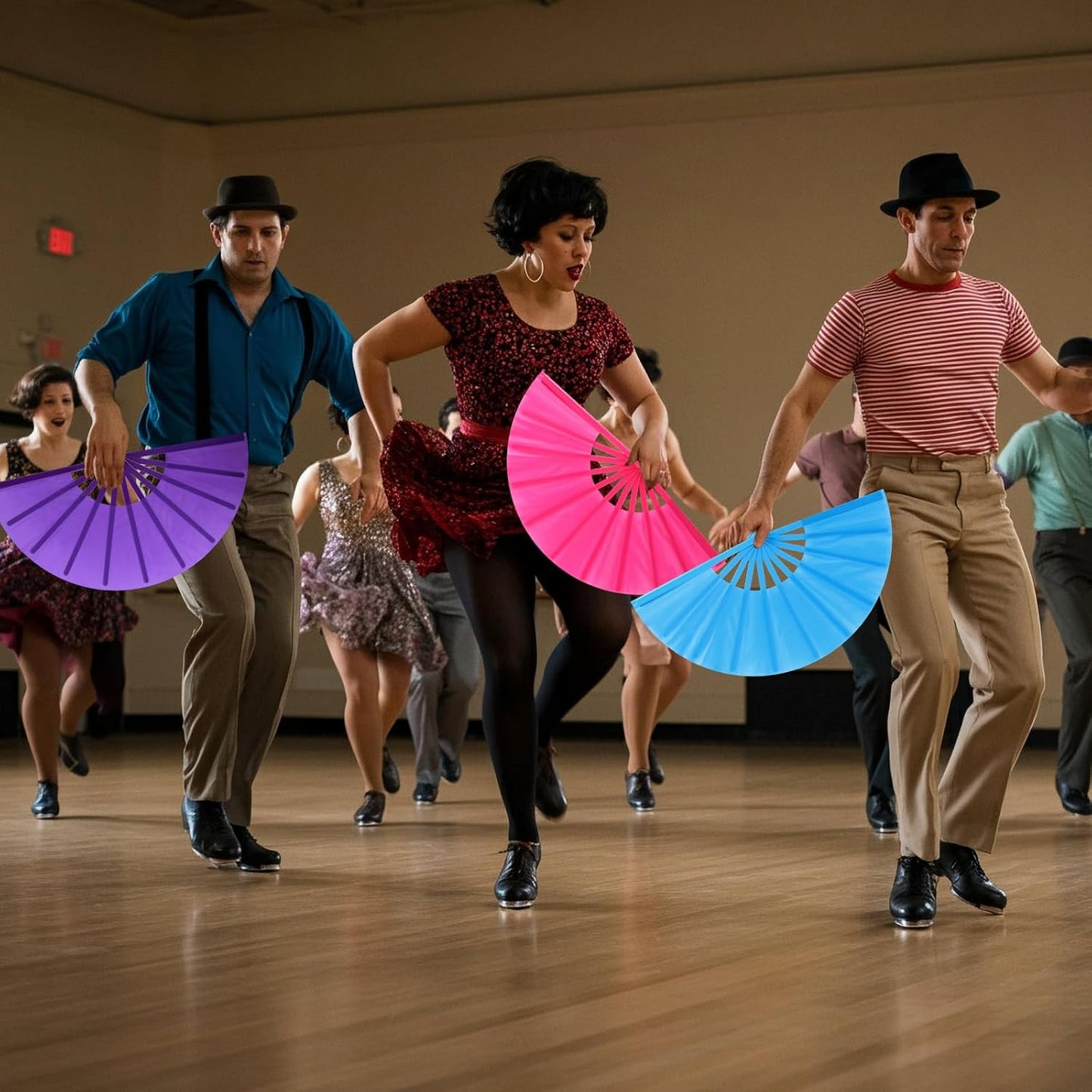 Blulu 4 Pcs 13 Inch Large Folding Hand Fans for Line Dancing Big Clapping Popping Raves Fans Bulk for Dancing Boots on The Ground Festival Party Decoration(Classic Style, Purple, Blue, Orange, Pink)