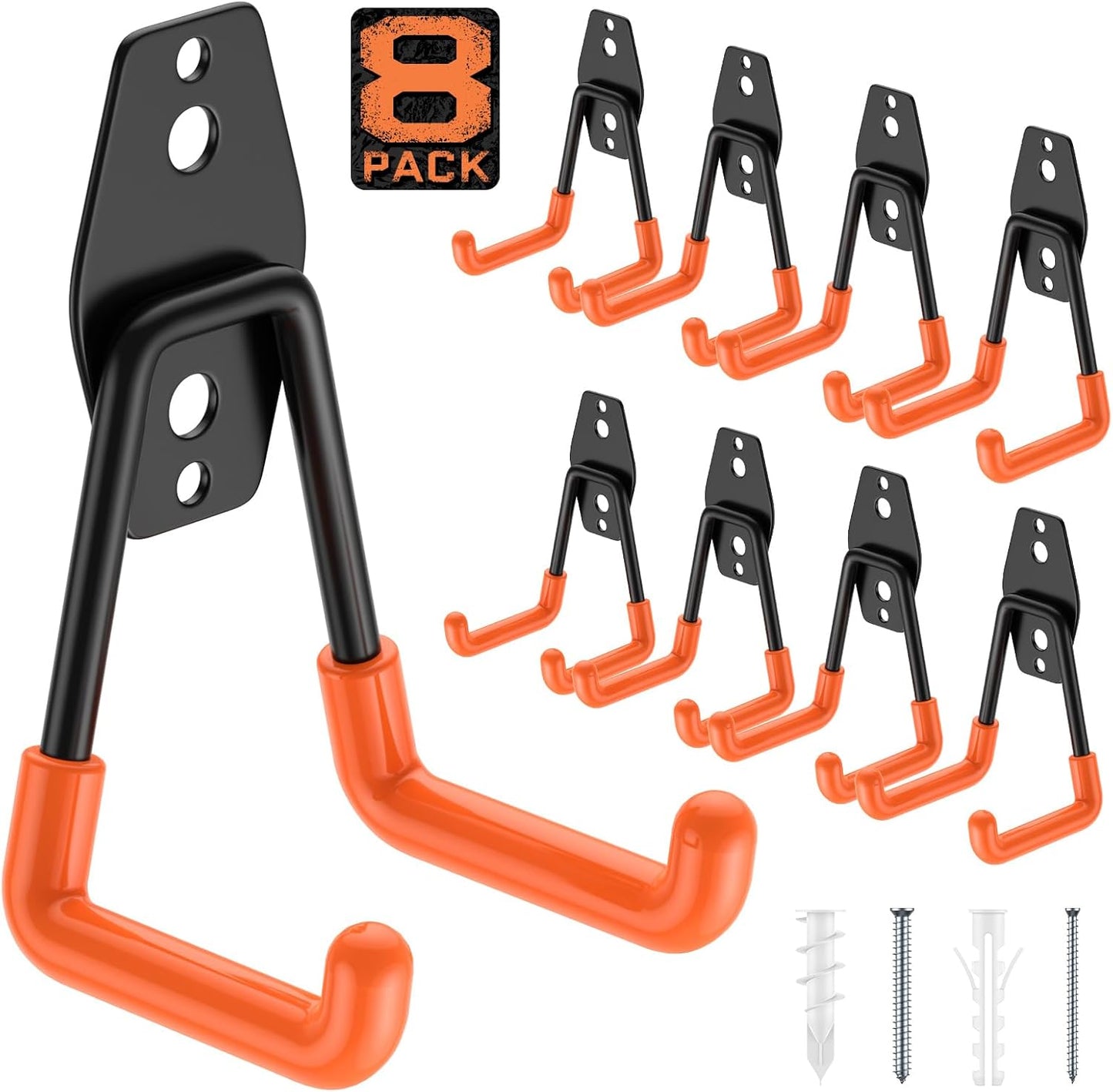 Utility Steel Wall Mount Heavy Duty Garage Hooks with Anti-Slip Coating,Storage More Yard,Garden and Power Tools and for Hanging Hose,Ladder and Bike(8 Pack 4.5x2.75 inch)