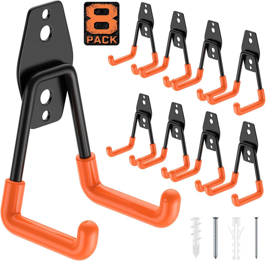 Utility Steel Wall Mount Heavy Duty Garage Hooks with Anti-Slip Coating,Storage More Yard,Garden and Power Tools and for Hanging Hose,Ladder and Bike(8 Pack 4.5x2.75 inch)