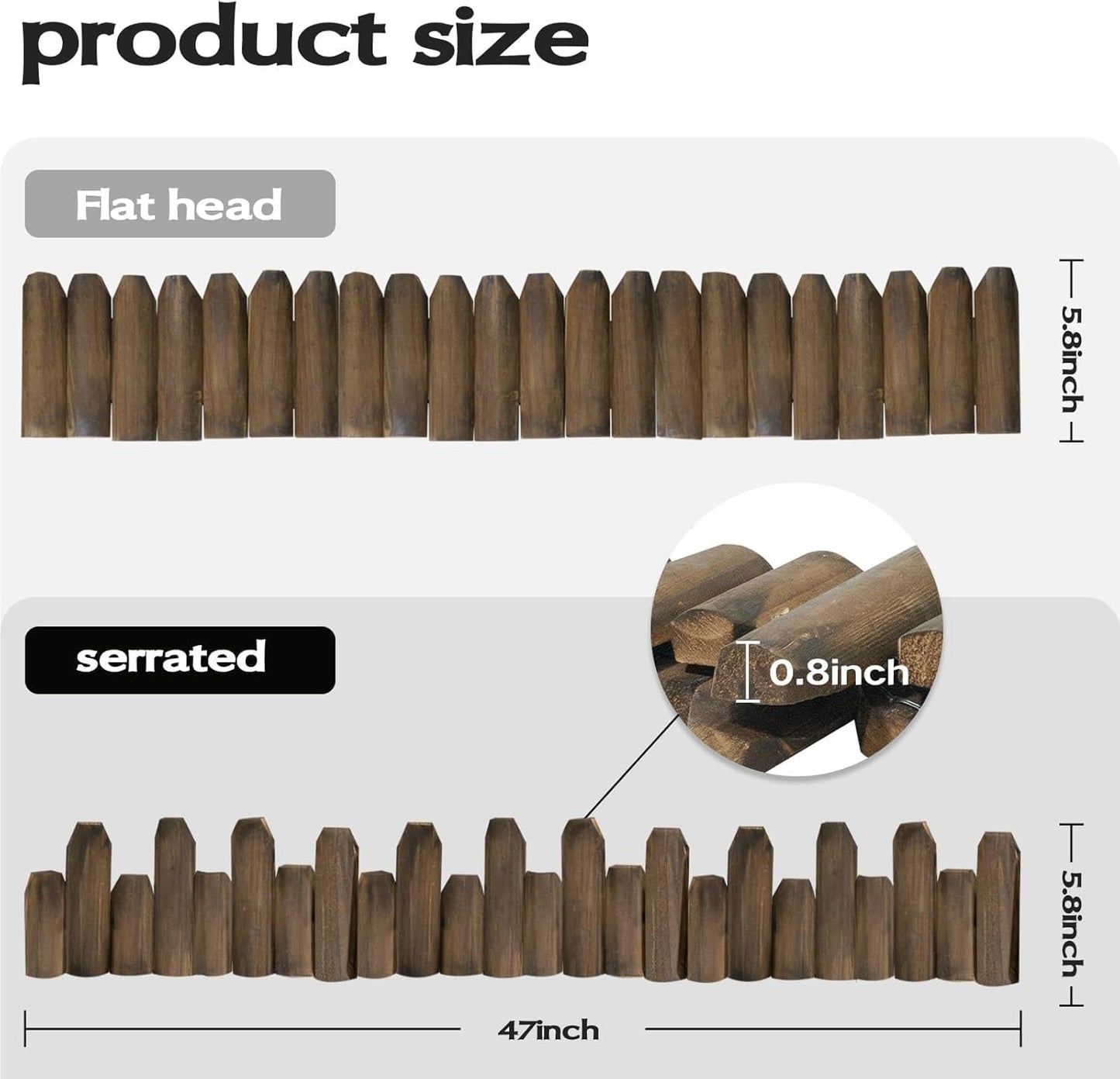 Wood Garden Edging, Staggered Wooden Fence Border Decorative Small Picket Panels for Gardens and Landscaping (2PACK)