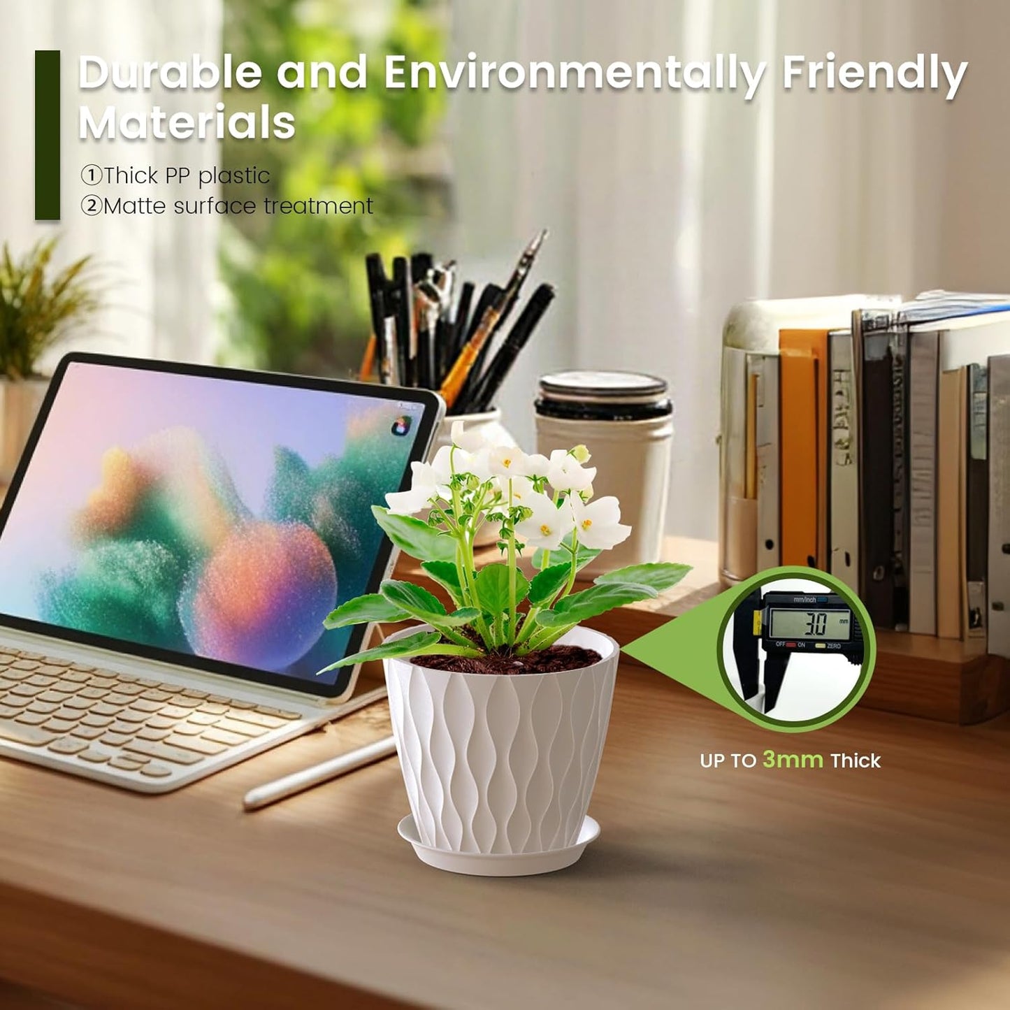 5 inch Plant Pots for Indoor Outdoor Plants, 6 Pack Thick Nursery Pots with Drainage Holes and Saucers, 3D Modern Wave Texture Small Plastic Planter Flower Pots, Multicolor