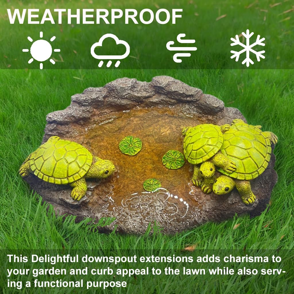 Turtle Splash Block - Decorative Resin Gutter Downspout Diverter, 9” x 6.7”, Durable Water Flow Protector for Yard, Garden & Patio, Functional Outdoor Tortoise Statue for Rainwater Drainage