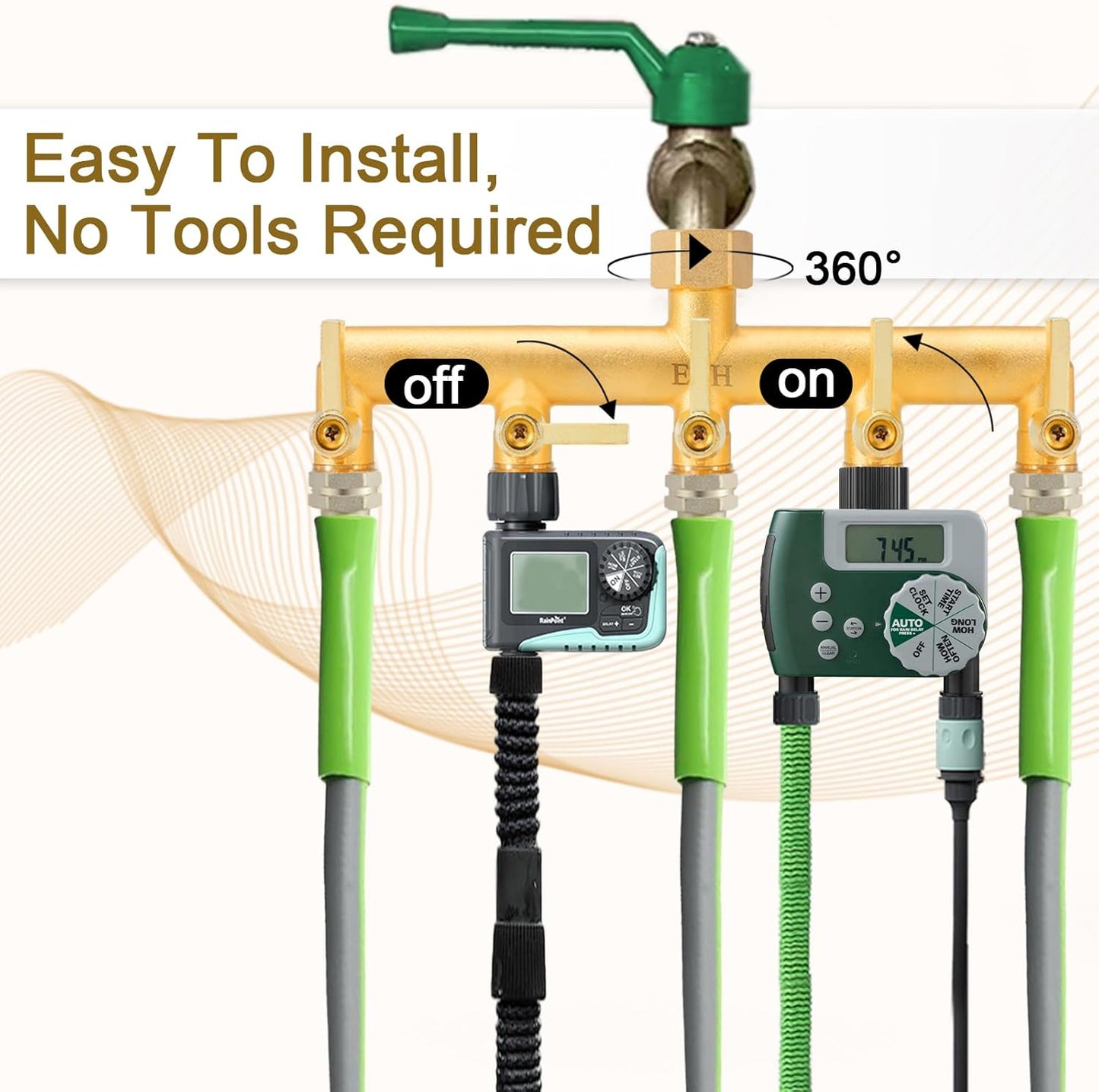 EBH Brass Garden Hose Splitter, 5 Way Outdoor Frostproof Tap Hose Splitter with 5 Individual On/Off Valve and Extended Handle, GHT 3/4-Inch Heavy Duty Hex Female Inlet and 3/4-Inch Male Outlet