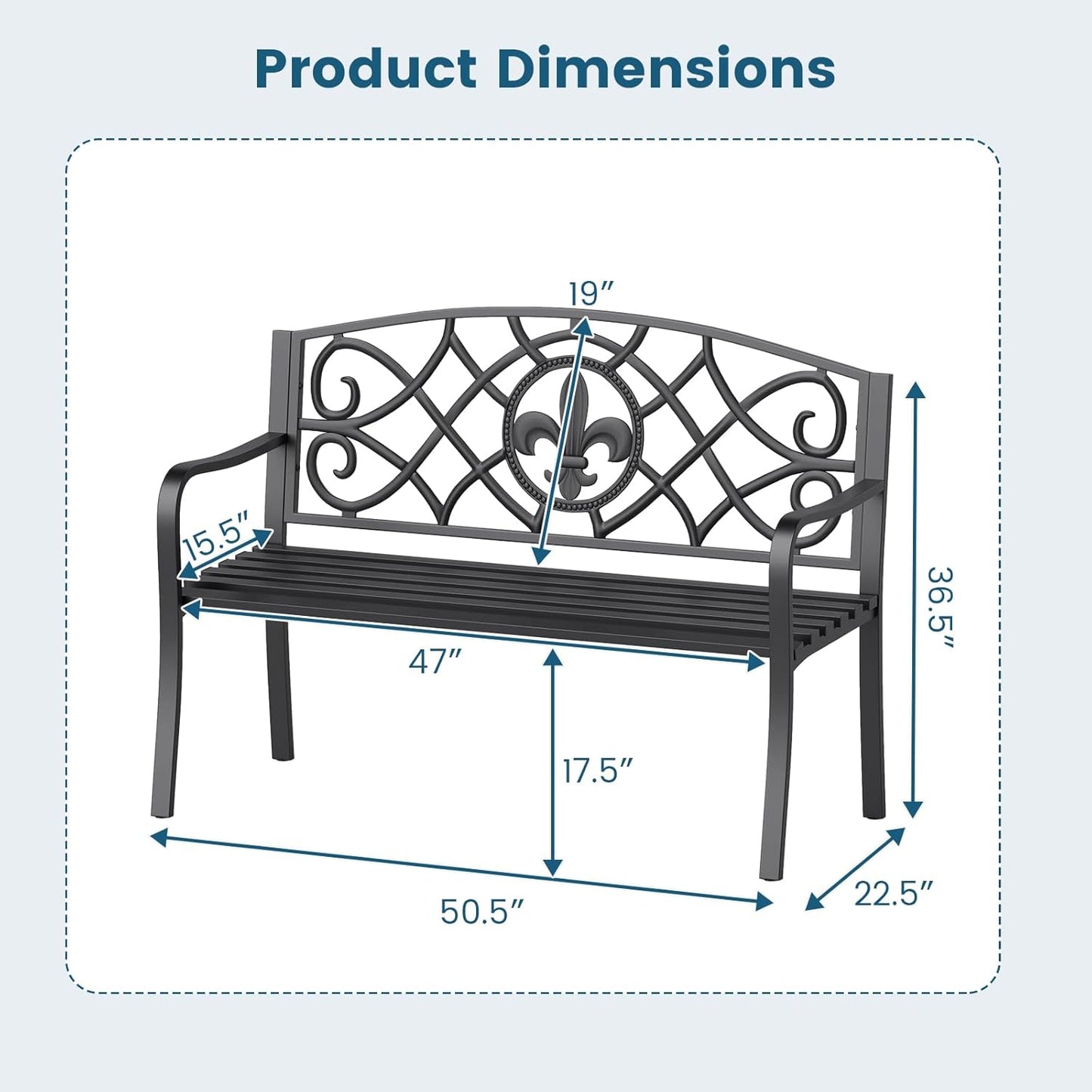 Tangkula Metal Outdoor Garden Park Bench, 50.5 Inch Metal Slatted Loveseat for 2-3 with Cast Iron Floral Backrest, Heavy-Duty Patio Seating Furniture for Backyard, Porch, Balcony