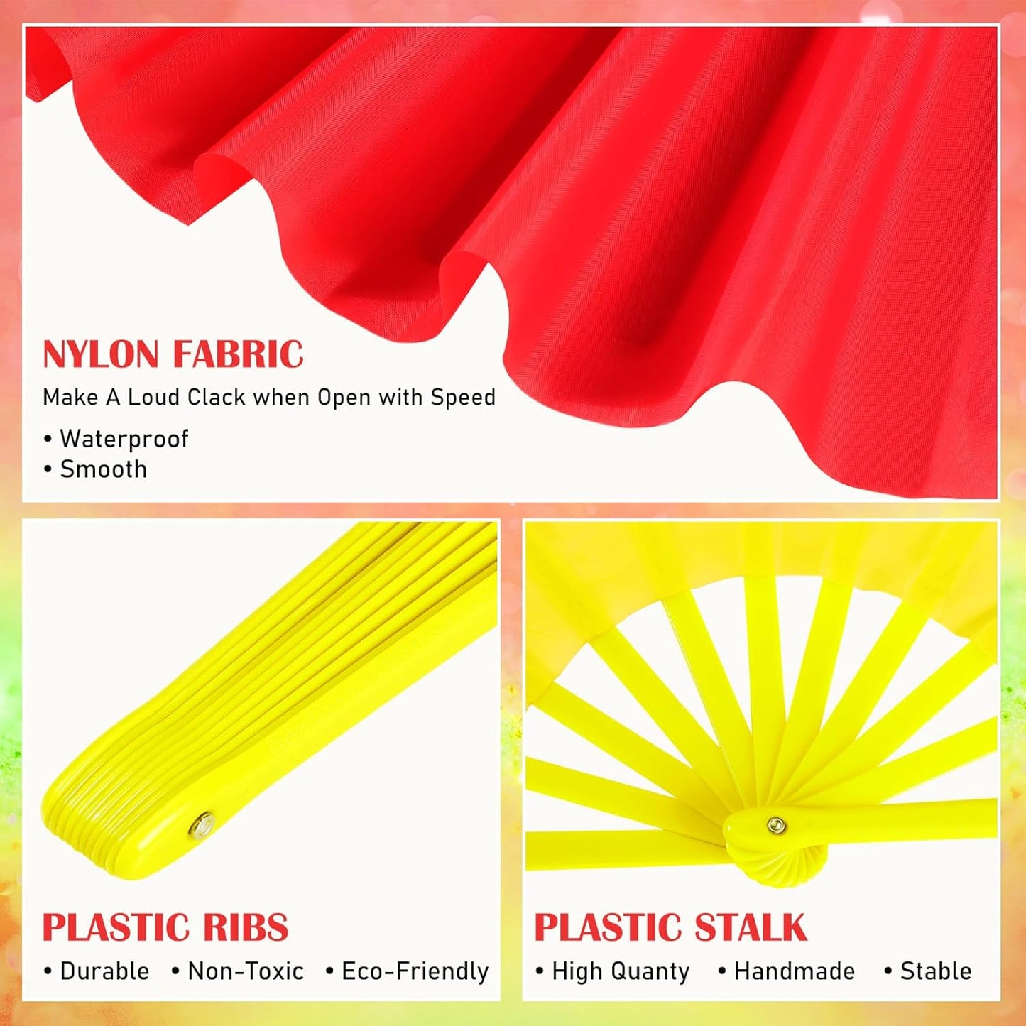 Maitys 2 Packs Large Clap Fans for Line Dancing Large Chinese Folding Hand Fans for Men and Women, Festival, Tai Ji, Kungfu, Martial Art, Gifts (Red and Yellow)