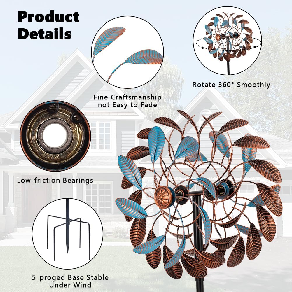 360° Wind Spinners Outdoor,13” Kinetic Wind Spinner,Yard Art Windmill with Metal Stake,Vintage Metal Wind Sculptures & Spinners,Waterproof Pinwheels Large Wind Spinner for Yard and Garden