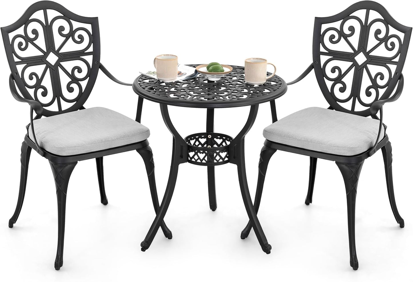 NUU GARDEN Bistro Set 3 Piece Outdoor, Cast Aluminum Patio Bistro Sets with Umbrella Hole and Grey Cushions, Bistro Table and Chairs Set of 3 for Patio Backyard, Black