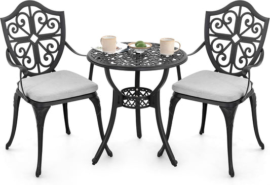 NUU GARDEN Bistro Set 3 Piece Outdoor, Cast Aluminum Patio Bistro Sets with Umbrella Hole and Grey Cushions, Bistro Table and Chairs Set of 3 for Patio Backyard, Black