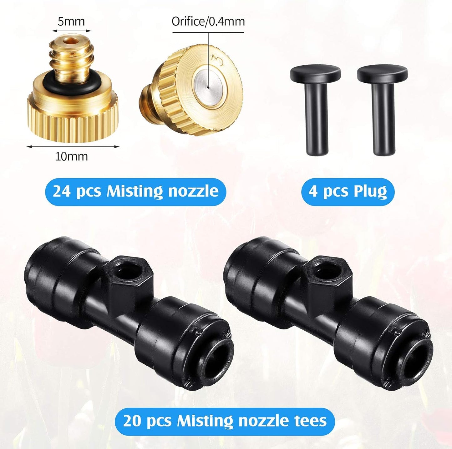 Misting Nozzles Kit Include Water Misting Tees Thread 1/4 Inch and Brass Orifice Nozzle with Black Plug for Outdoor Spray Cooling System(48 Pieces)
