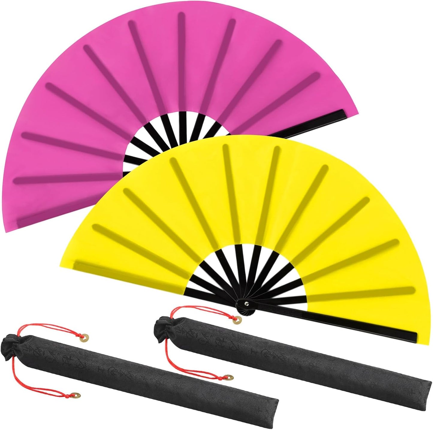 Maitys 2 Packs Large Clap Fans for Line Dancing Large Chinese Folding Hand Fans for Men and Women, Festival, Tai Ji, Kungfu, Martial Art, Gifts (Yellow and Rose Red)