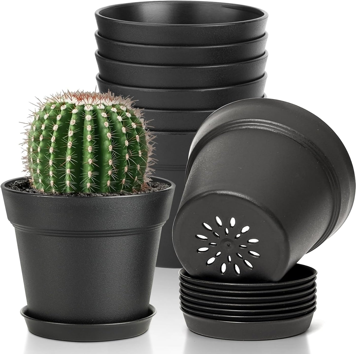 T4U 4 Inch Plant Pots 8-Pack, Small Flower Pots with Drainage Hole and Saucer, Decorative Nursery Pot Bulk for African Violet, Snake Plant, Succulent, Herb and Plants Indoor (8 Pcs 4" Pots, Black)