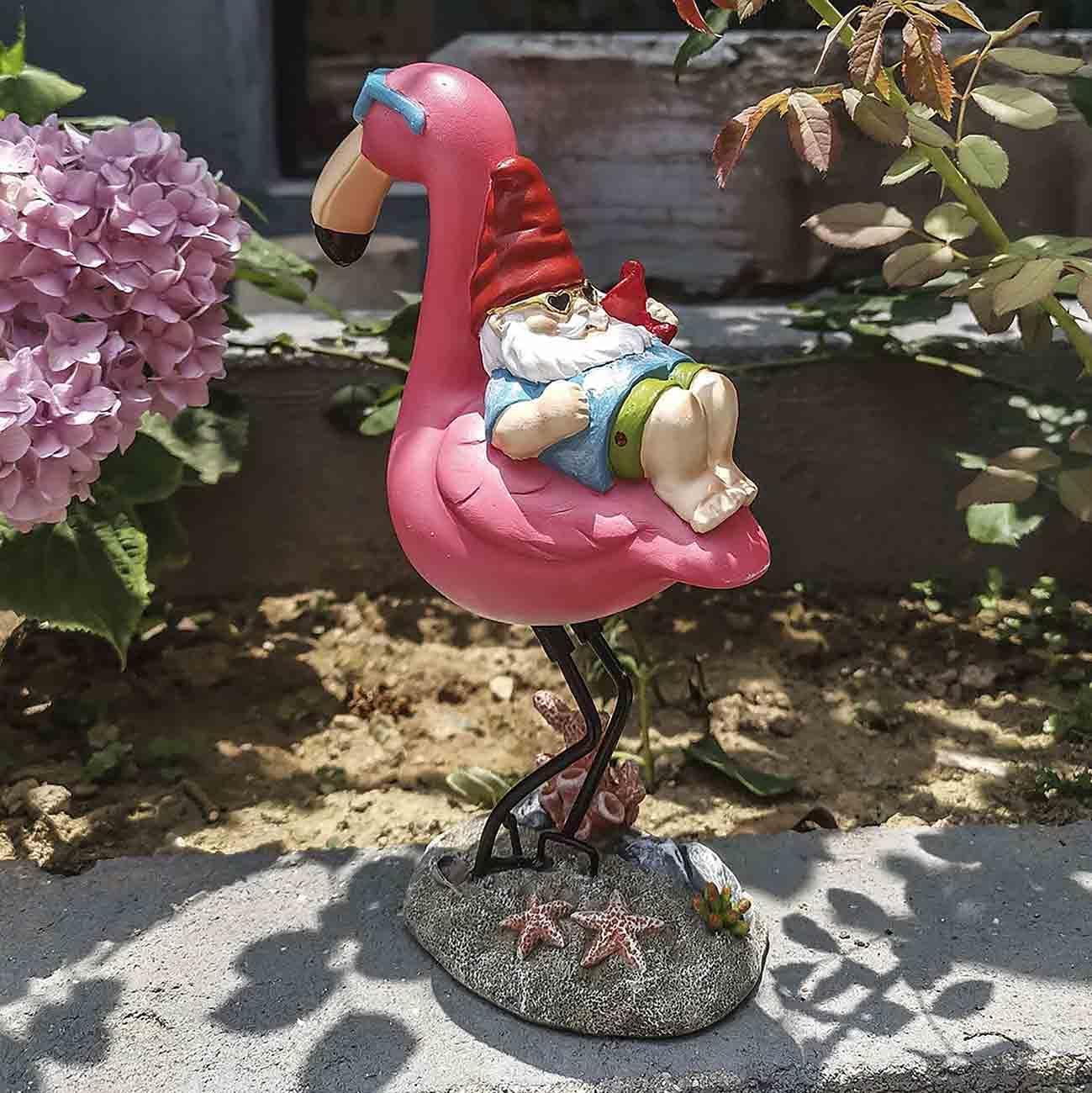 Gnome Garden Statue Funny Gnome Reclining on Flamingo Dwarf Figurines Resin Garden Gnomes Fall Decorations Outdoor for Patio Yard Lawn Porch Housewarming Ornament Gift