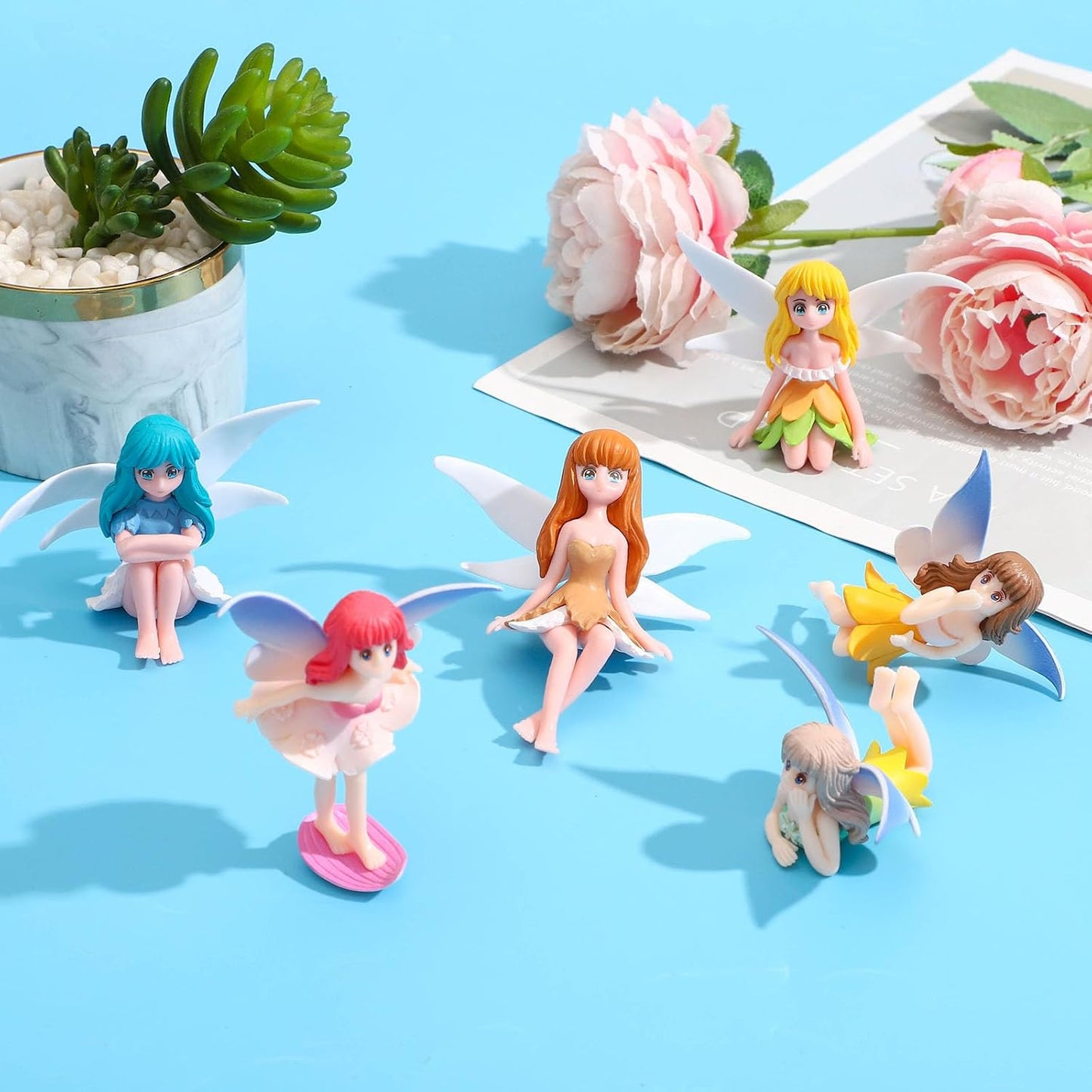 ONEST 6 Pieces Miniature Fairy Garden Accessories Small Fairy Figurines Hand Painted Fairies Figures Girl Fly Wing Figurines for Car Decor Fairies Garden Flower Pot Birthday Cake Topper