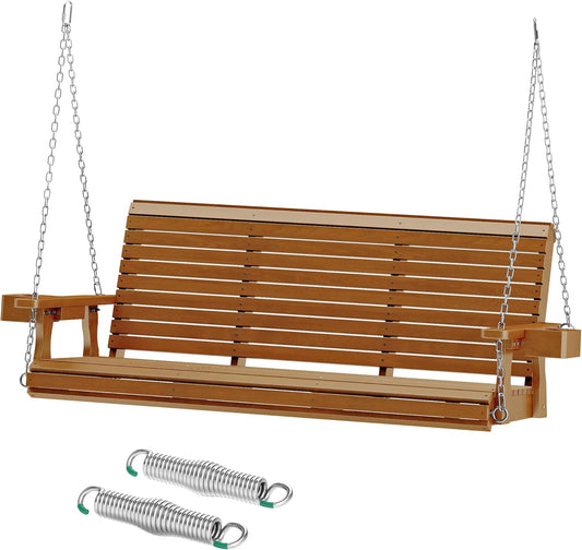 Wooden Outdoor Porch Swings, 3 Seater Front Porch Swing with Upgraded 22" Deep Seat, Heavy Duty 880 Lbs Swing Bench Chair for for Patio, Backyard, Garden (Teak Tone, 5 FT)