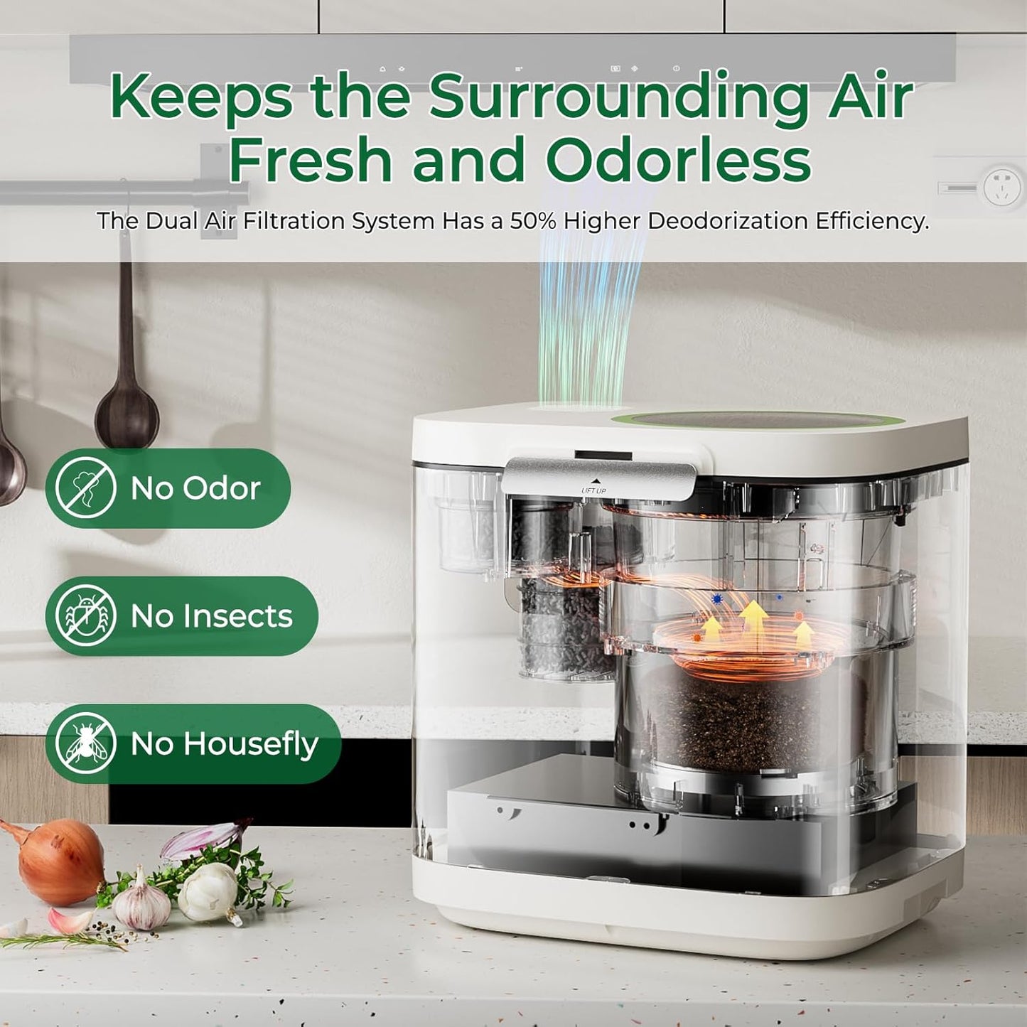 Electric Composter for Kitchen, Smart Compost Bin with Viewing Window Indoor Outdoor/Odorless/Low Noise/Auto-Cleaning, Compost Machine, Turn Food Waste into Fertilizer for Garden, Gift