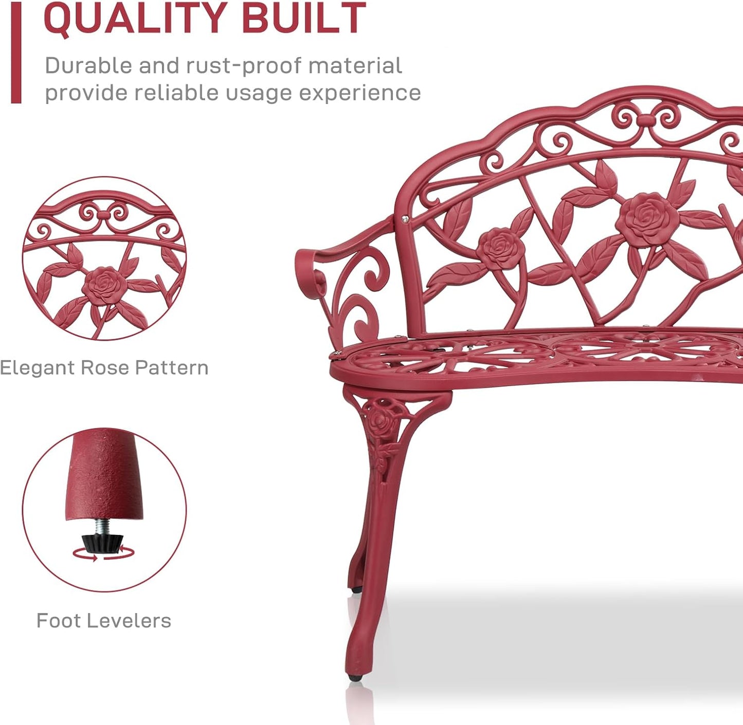 Bonnlo 38.5" Patio Outdoor Bench, Cast Anti-Rust Iron Aluminum Garden Bench with Rose Patten Finish Chair, Entryway Bench 2 Person Seat for Patio, Lawn, Backyard