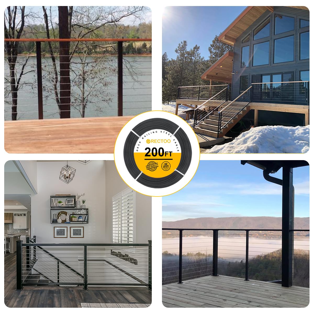 Black 200FT 1/8" T316 Stainless Steel Cable with Cutter, 7x7 Strands Aircraft Wire Rope for Deck Railing, Stair Handrail, Porch Fence, High Strength for Indoor and Outdoor Use