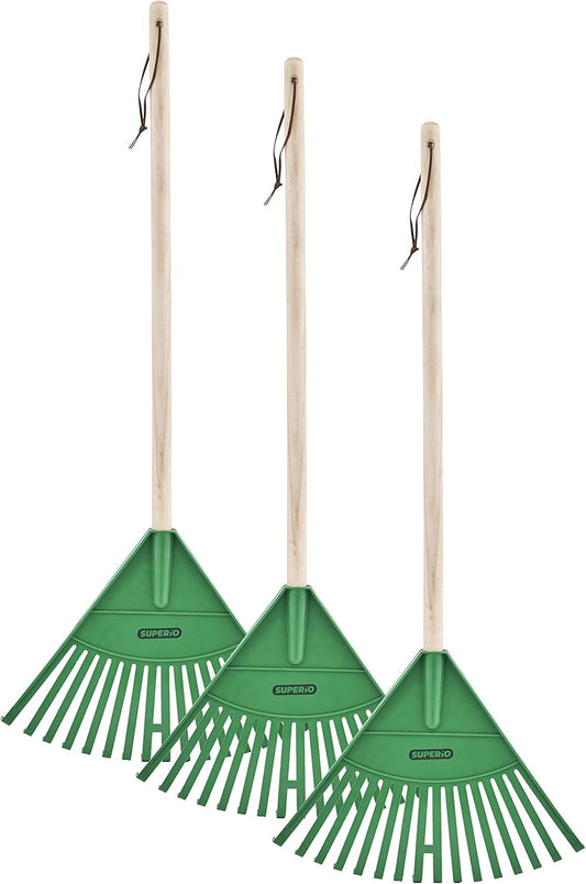 Superio Kids Rake with Hardwood Handle, Gardening and Lawn Care Tools for Kids, Sweep Leaves and Tidying Up The Garden, Plastic Tines and Heavy Duty Wooden Handle 34" 3 Pack