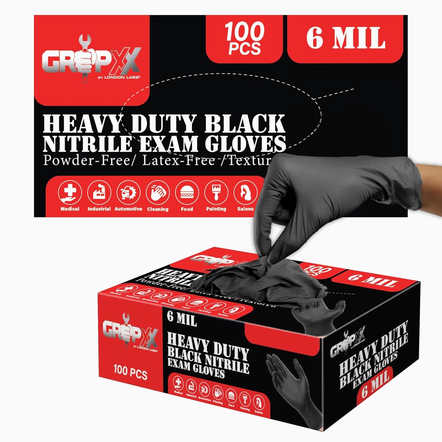 Heavy Duty 6 Mil Black Nitrile Gloves - Disposable, Latex & Powder Free | Mechanic, Food Prep & Tattoo | Rubber Gloves for Cooking, Cleaning & Household | Pack of (200)