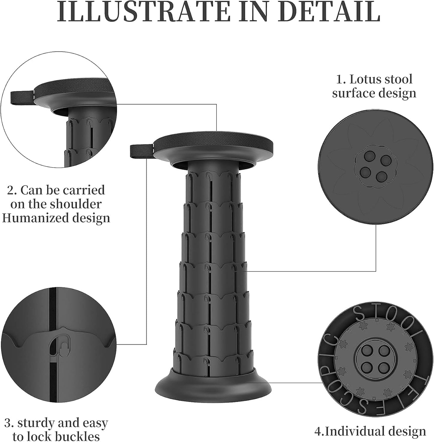 ALEVMOOM Upgraded Portable Retractable Folding Stool,Camping Telescoping Stools with Swivel Cushion,Collapsible Stool for Adults,Hold Up to 440Ib for Garden Travel with Carry Bag&Carabiner