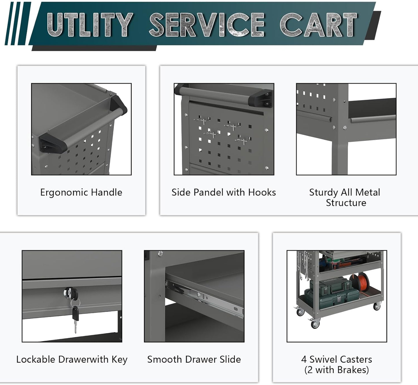 3 Tier Rolling Tool Cart on Wheels with Locking Drawer - Metal Service Cart Industrial Utility Cart for Mechanic - 350 LBS Mobile Storage Organizer for Garage, (Gray)