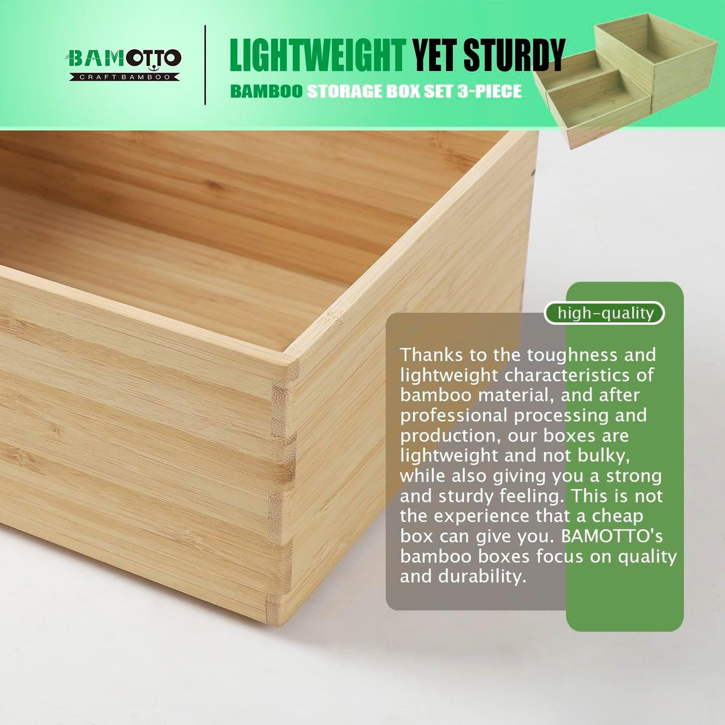 3-Piece Large Bamboo Storage Box Set, 7.1 in High Stackable Deep-Drawer Organizer for Kitchen Cutlery, Utensils & Knives, Exquisite and Durable Lidless Wooden Bin (14.6"x10.2x7.1"*1+10.2"x7.3"x3"*2)