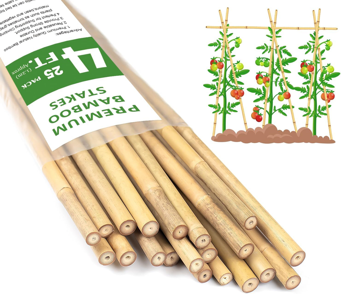 Plant Stakes 4FT, Natural Bamboo Stakes, HAINANSTRY 25Pcs Sturdy Bamboos Garden Stake, Bamboo Sticks for Plants, Beans, Indoor and Outdoor Climbing Plants, Tomato Vegetable Stakes for Garden