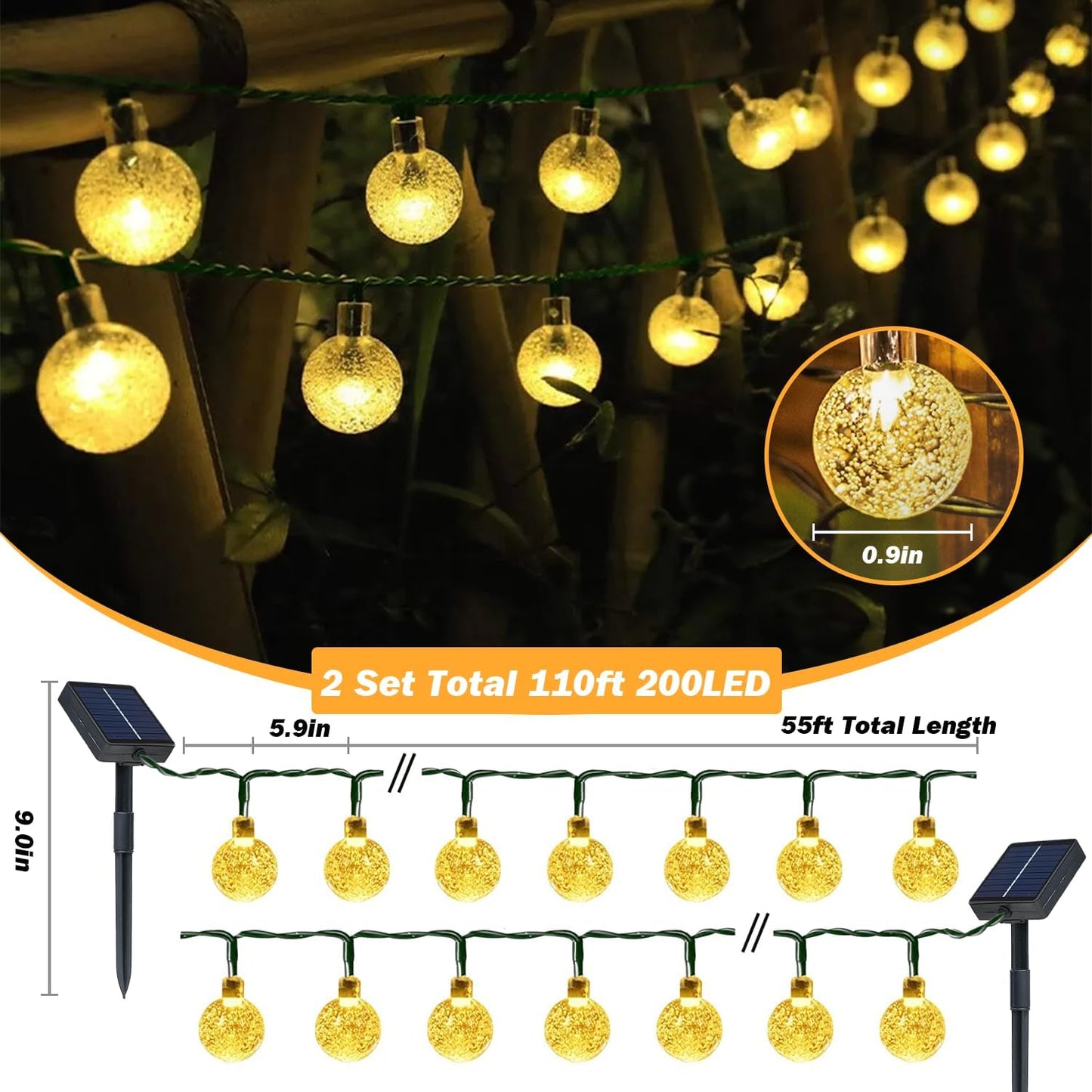 Solar Lights Outdoor Waterproof, 2 Pack Total 200LED 110FT Solar String Lights for Outside with 8 Modes, Outdoor String Lights Crystal Globe Patio Lights for Garden Yard Party Decor(Warm White)