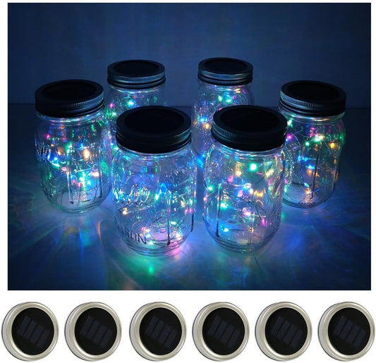 Decorman Solar Mason Jar Lid Lights, 6 Pack 10 LED Waterproof String Fairy Star Firefly Jar Lids Lights for Patio Garden Yard Lawn Party Wedding Christmas Decoration(Jars & Hangers Not Included)