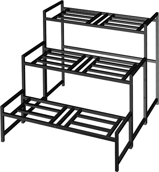 Plant Stand Indoor Outdoor, 3-Tier Wrought Iron Plant Stands, Stackable Metal Plant Shelf Decorative Outdoor Flower Stand Heavy Duty Pedestal Stands for Garden Deck Living Room, Black