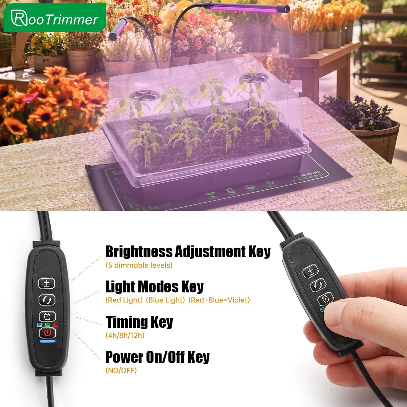 Seed Starter Tray with Grow Lights – 4 Pack Seedling Trays with 5" Humidity Domes & 4 LED Light Heads, Adjustable Timer, Full Spectrum for Indoor Germination, Herbs, Vegetables, Flowers